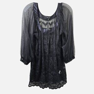 Karen Kane Blouse M Black Sheer Mesh Lace Embroidered Floral Whimsygoth Silk Top